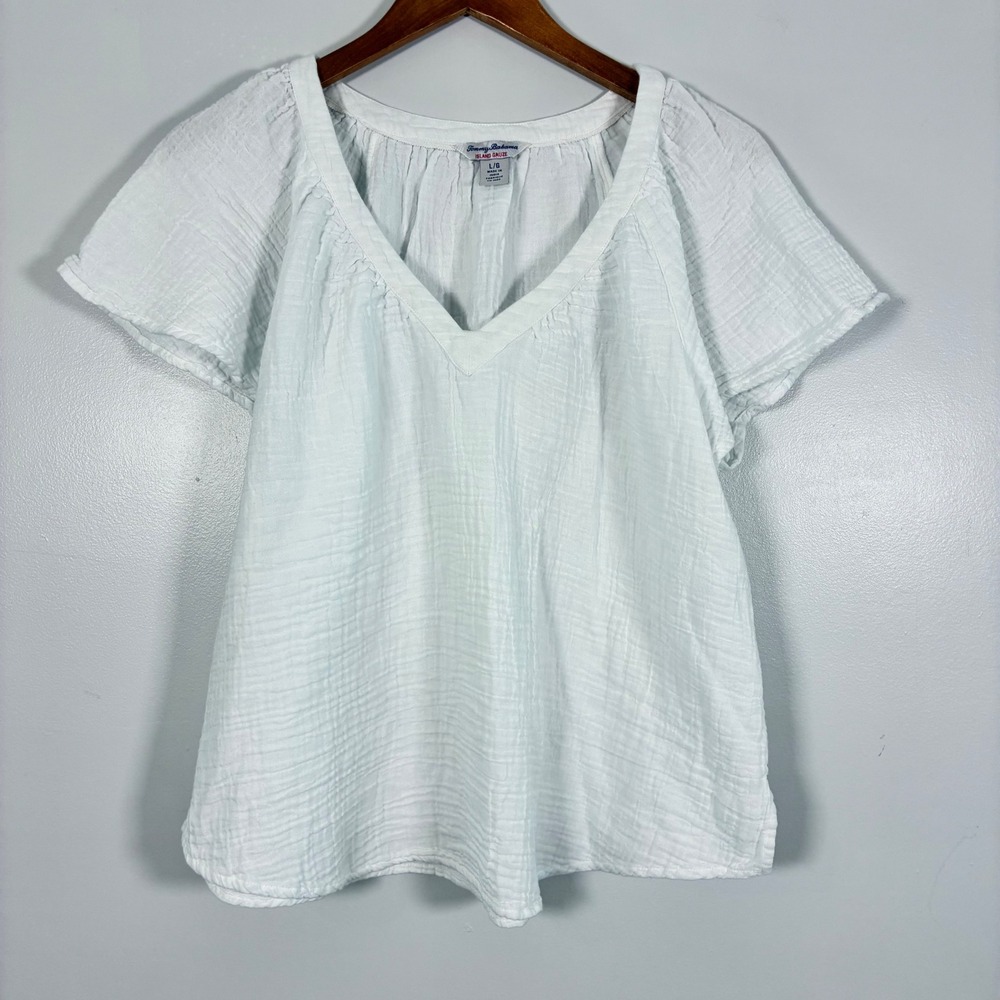 Tommy Bahama Top L Island Gauze Flutter Sleeve Cotton Coastal Beach Resort Vaca